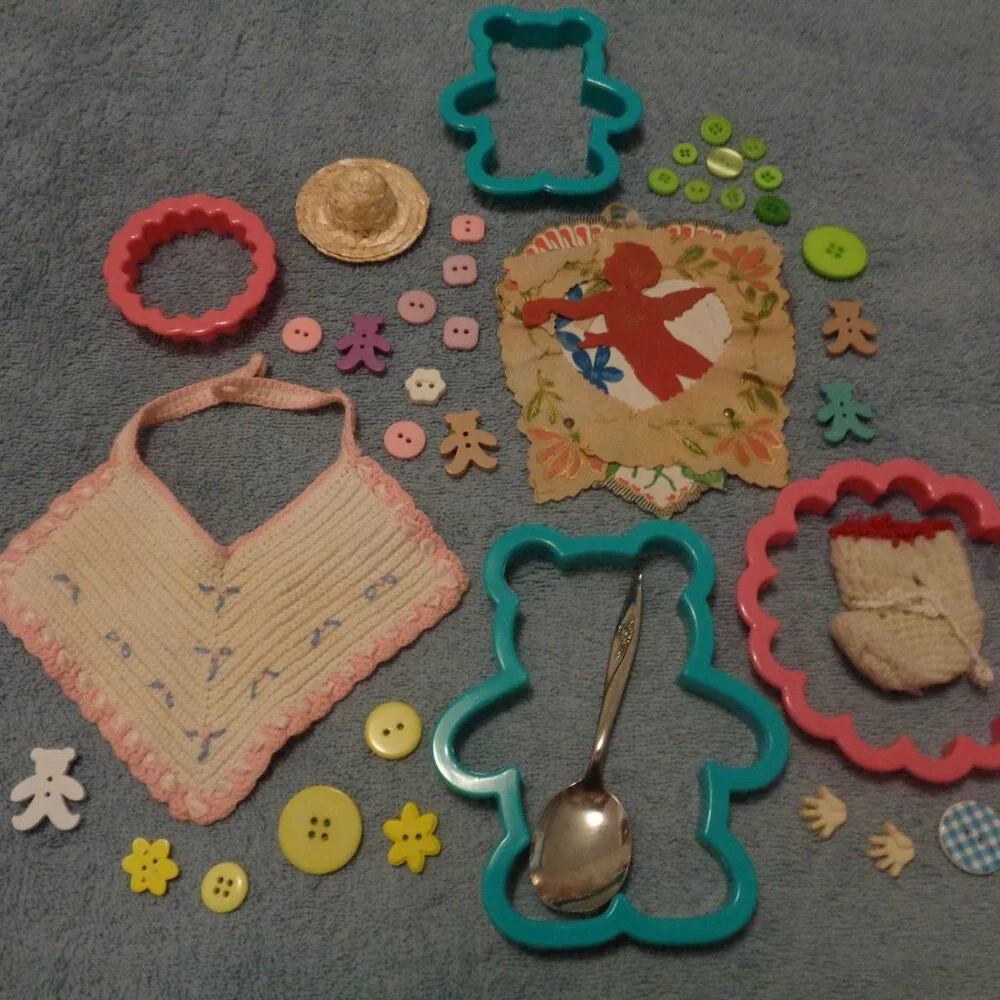 VINTAGE DOLL BIB, OLD VALENTINE, BABY SPOON, STOCKING, COOKIE CUTT, BUTTONS LOT